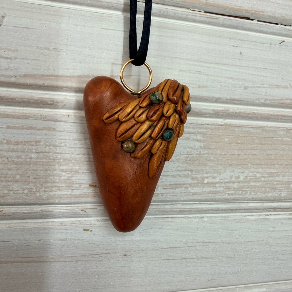 Handmade Wood Heart Pendant Necklace with Connemara or Jasper Beads & Angel Wing